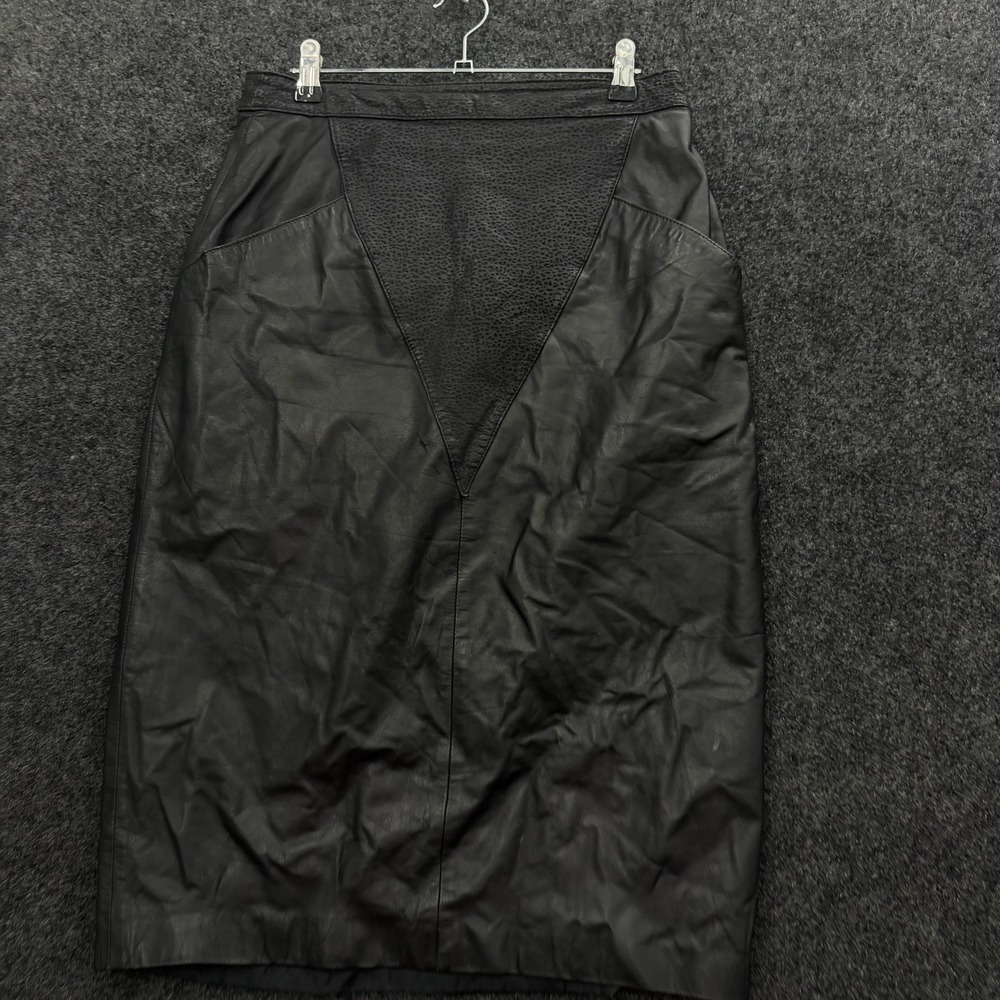 Vintage Bermans Black Leather Midi Skirt Animal Print Panel 70s 80s Womens 12 - Picture 3 of 7
